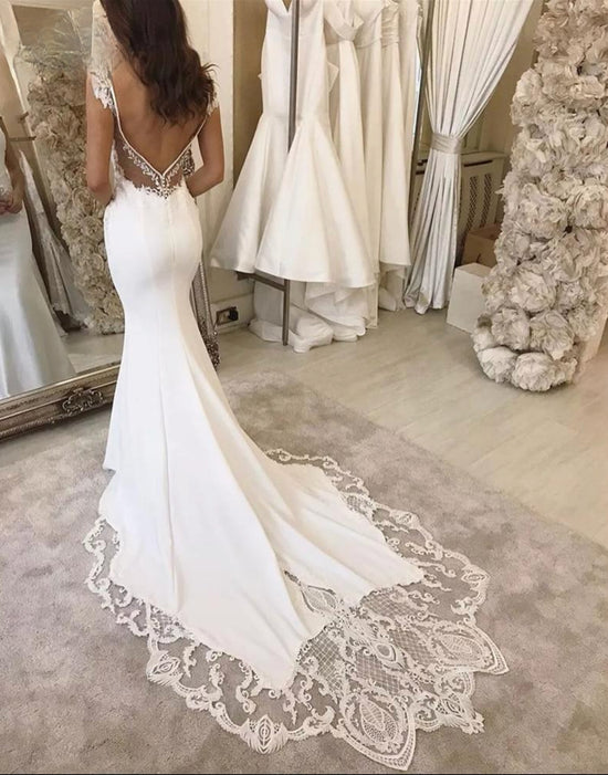 Load image into Gallery viewer, Crepe Satin Lace Deep V Mermaid Bridal Wedding Gown - TulleLux Bridal Crowns &amp;amp;  Accessories 
