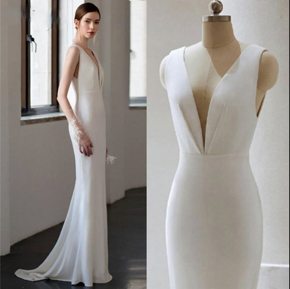 Slender Mermaid Backless Sheath Crepe Chiffon Wedding Bridal Dress