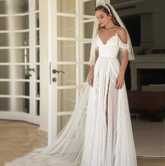 Load image into Gallery viewer, Satin Chiffon A Line Off the Shoulder Sleeve Bohemian Wedding Bridal Gown
