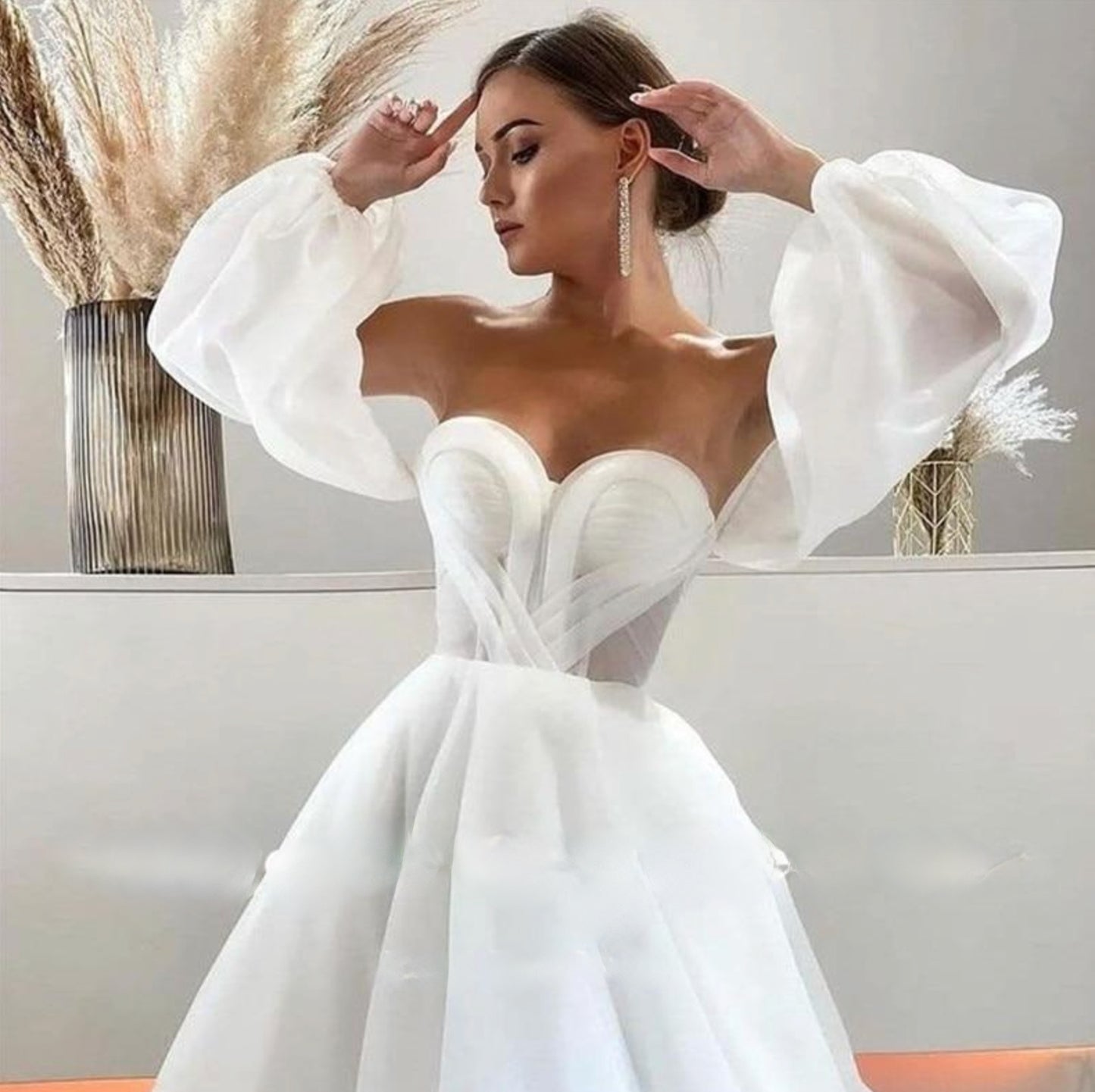 Modern A Line Organza Wedding Dress Sweetheart Puff Long Sleeves Bridal Gown