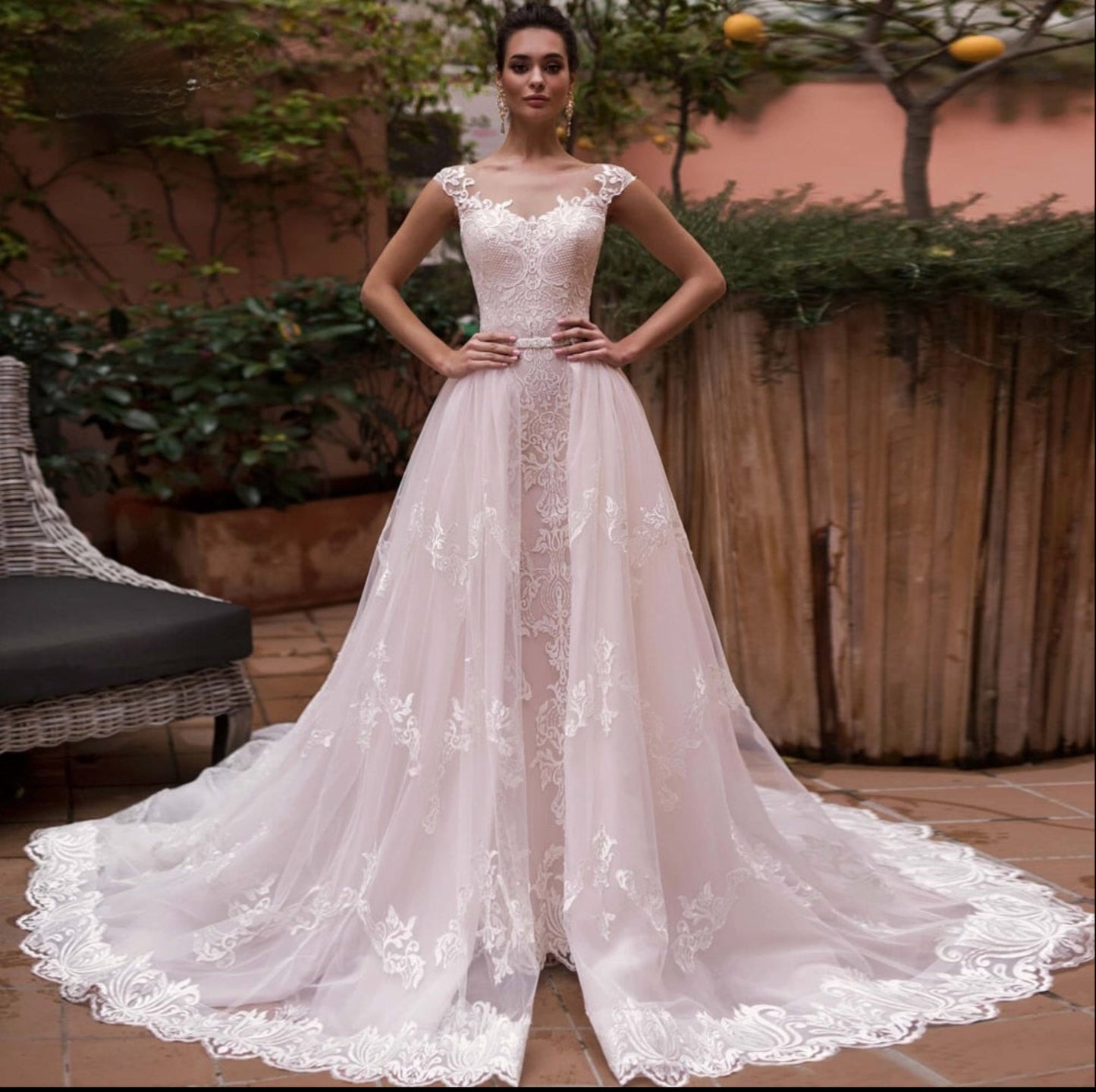 Tulle Lace Cap Sleeve Mermaid Wedding Bridal Dress Detachable Train – TulleLux  Bridal Crowns & Accessories