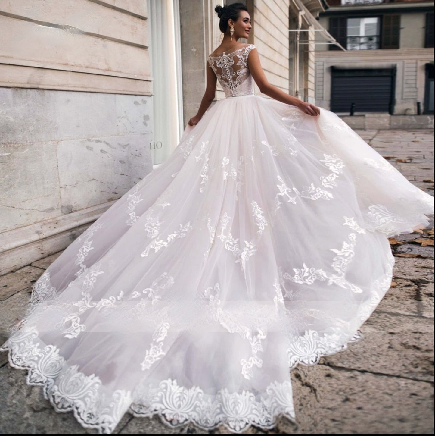 Tulle Lace Cap Sleeve  Mermaid Wedding Bridal Dress Detachable Train