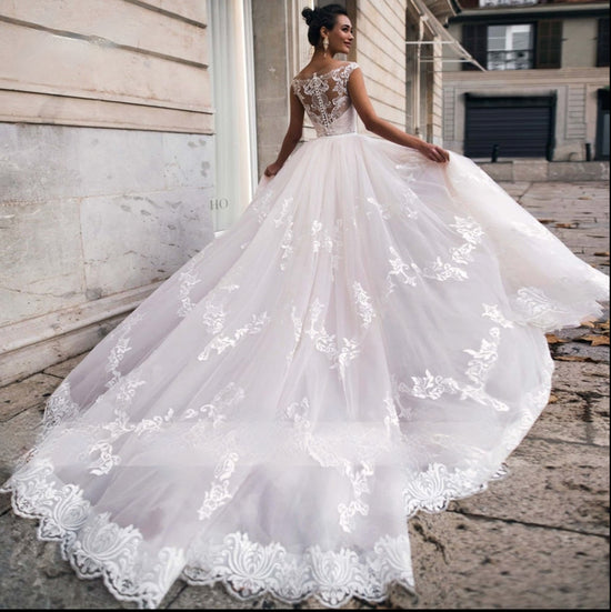 Tulle Lace Cap Sleeve Mermaid Wedding Bridal Dress Detachable Train ...
