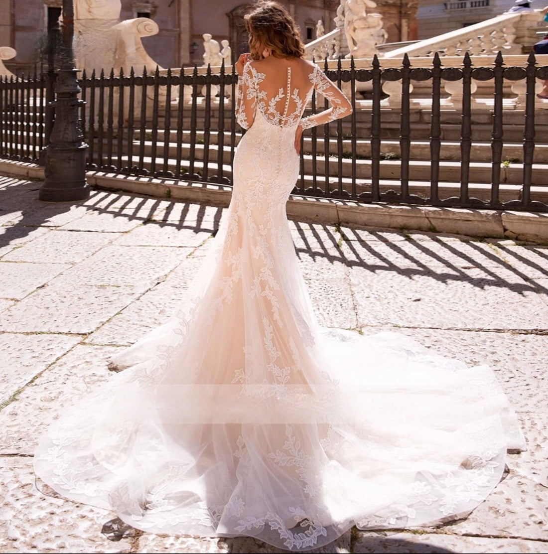 Tulle Lace Long Sleeve Mermaid Trumpet Wedding Bridal Dress Detachable ...