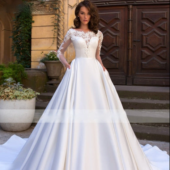 Romantic Matte Satin Scoop Neck Chapel Train A-Line Wedding Bridal Gown