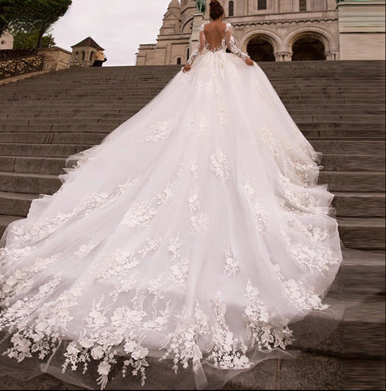 Royal Train A-Line Romantic Illusion Lace Long Sleeve Wedding Bridal Ball Gown