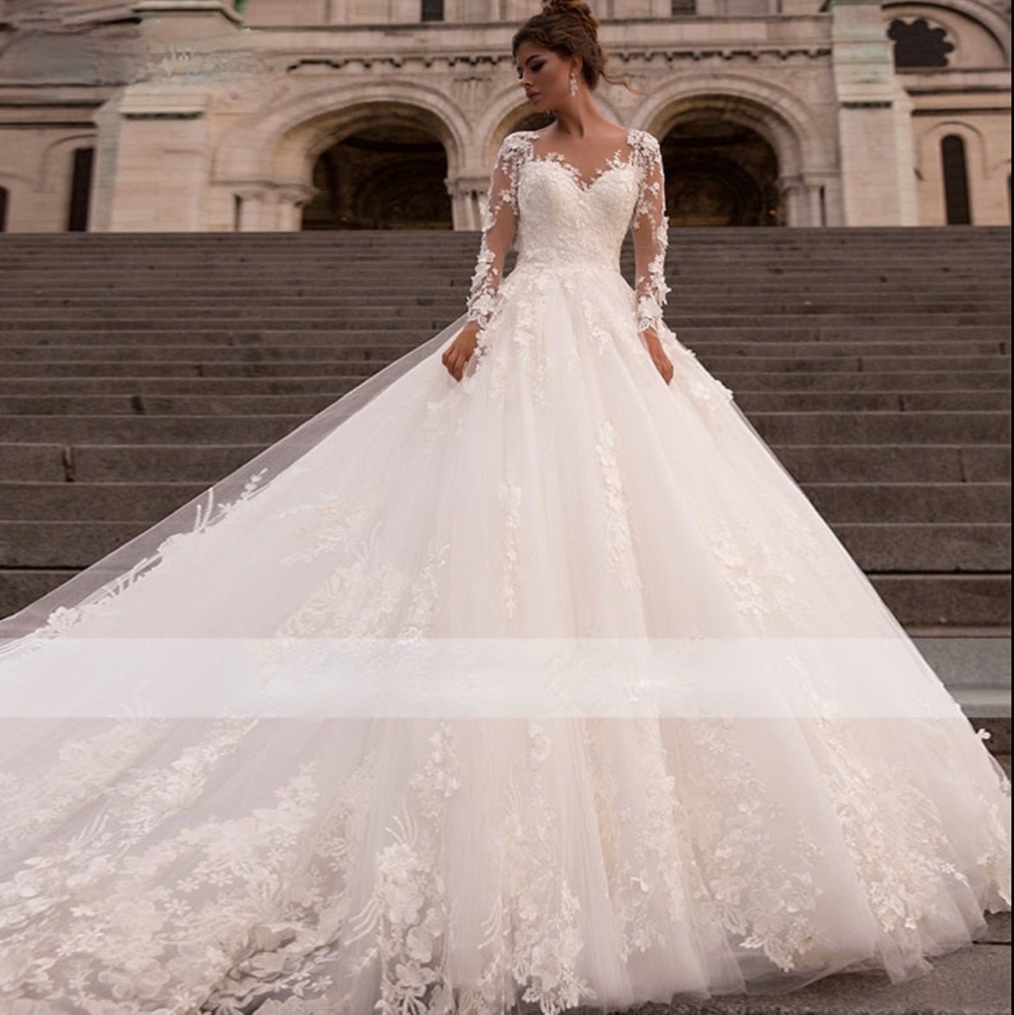 Royal Train A-Line Romantic Illusion Lace Long Sleeve Wedding Bridal Ball Gown