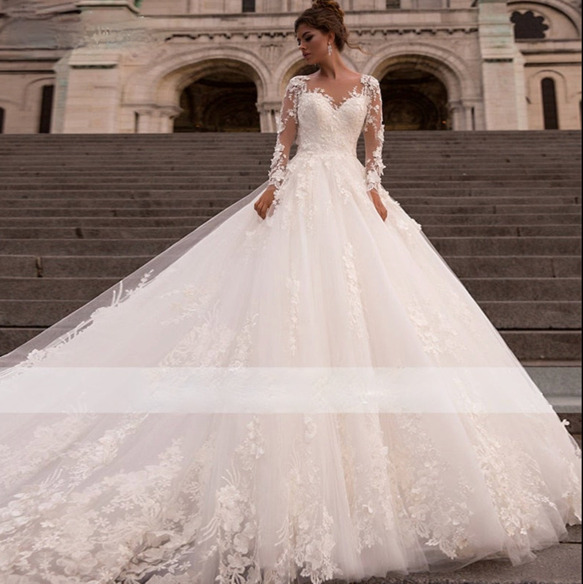 Royal Train A-Line Romantic Illusion Lace Long Sleeve Wedding Bridal B ...