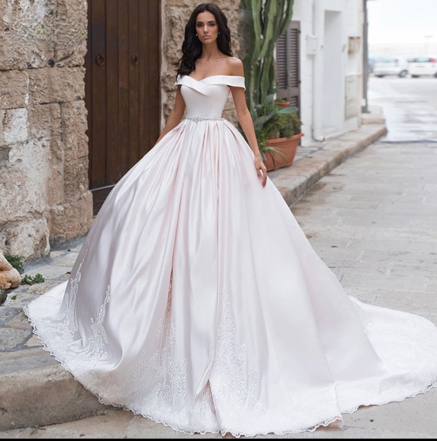 Boat Neck Matte Satin Princess Wedding Dress Bridal Gown