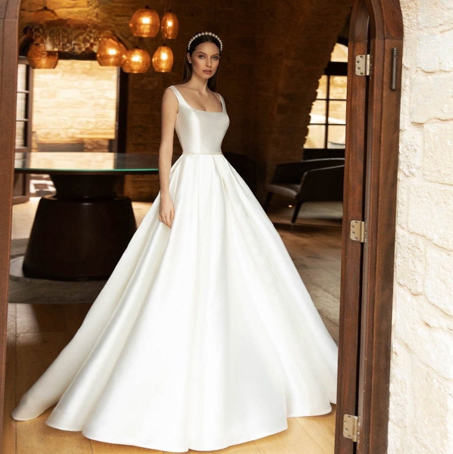 Load image into Gallery viewer, Illusion Backless A-Line Matte Satin Wedding Dress Bridal Gown
