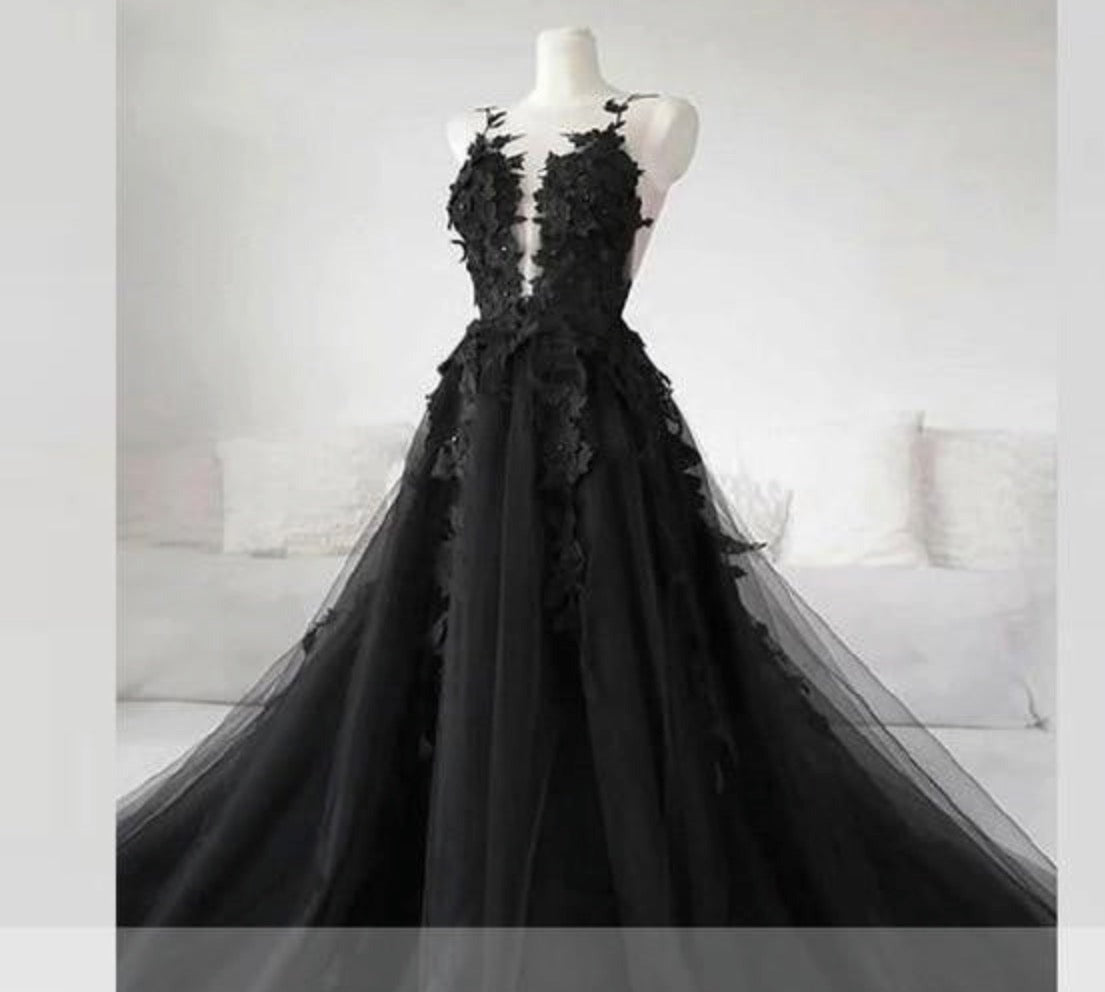 Gothic Black Long Tulle Wedding Dress Bridal Gown
