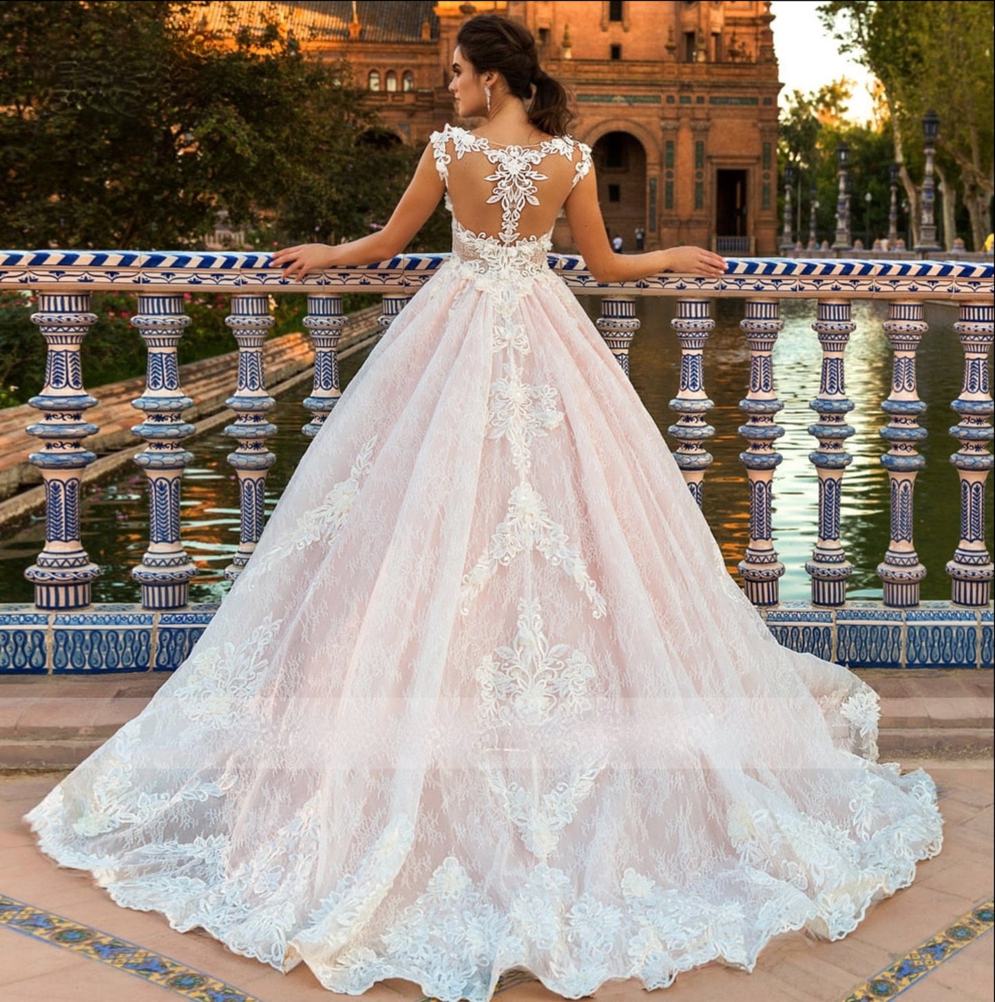 Luxurious Illusion Lace A-Line Wedding Bridal Ball Gown