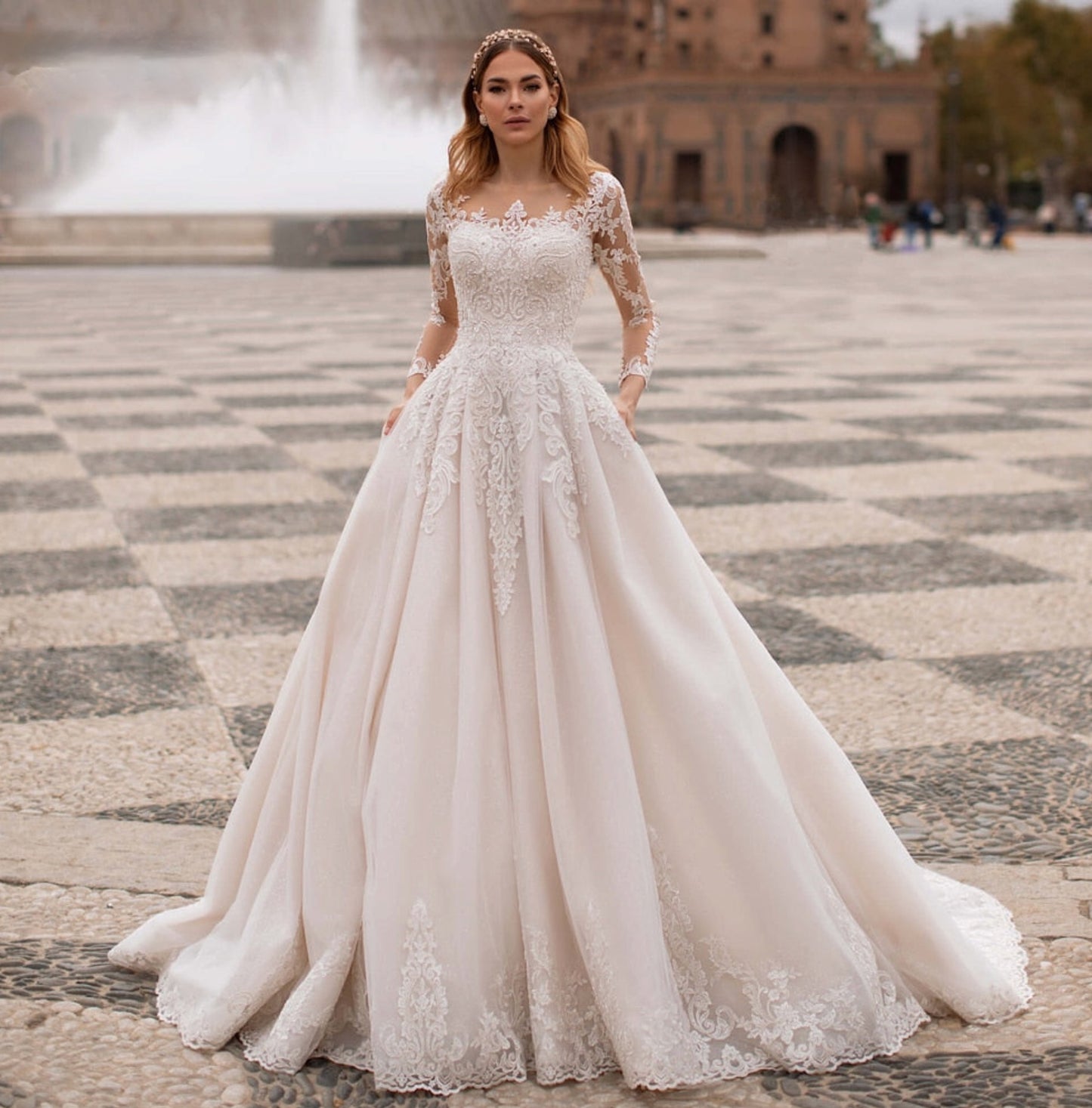 Lace Beaded Bodice Illusion Sleeve Court Train Wedding A-Line
