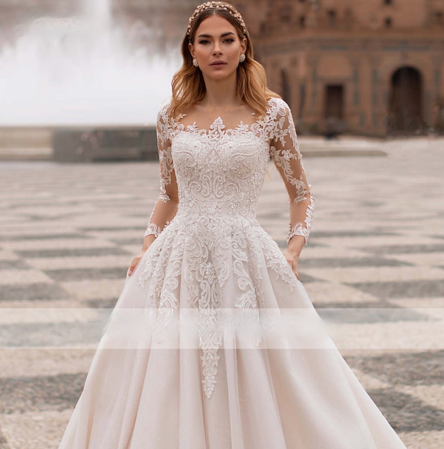 Lace Beaded Bodice Illusion Sleeve Court Train Wedding A-Line Bridal Gown