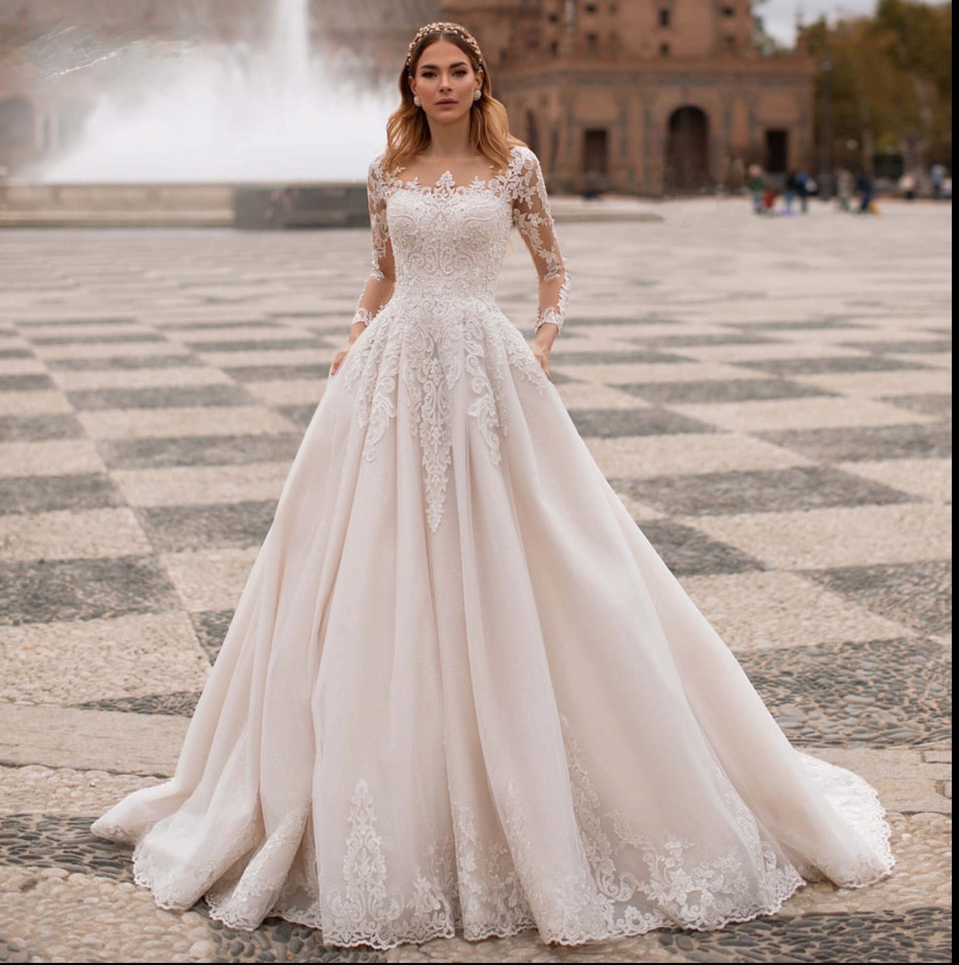 Lace Beaded Bodice Illusion Sleeve Court Train Wedding A Line Bridal G TulleLux Bridal Crowns Accessories