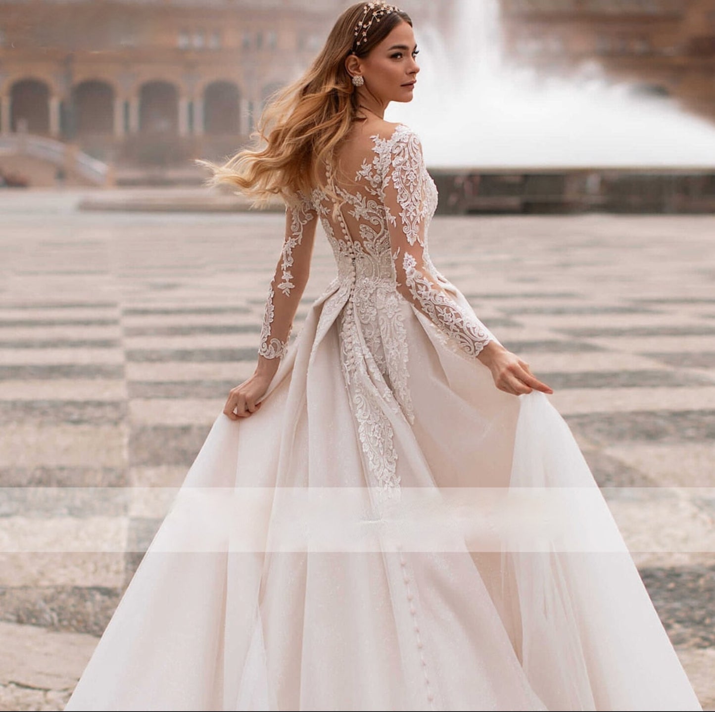 Load image into Gallery viewer, Lace Beaded Bodice Illusion Sleeve Court Train Wedding A-Line Bridal Gown
