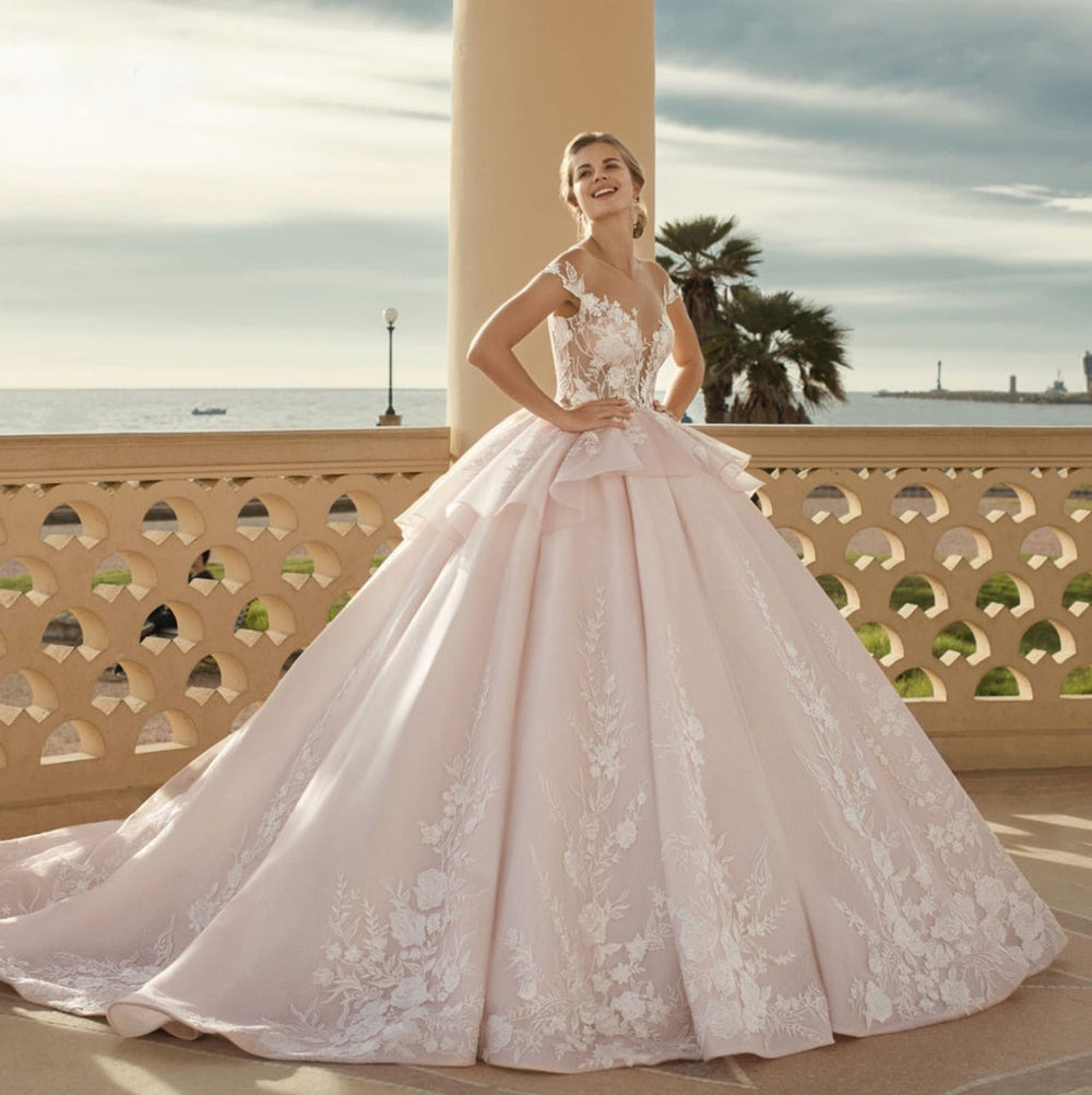 Tiered Lace Court Train Illusion Button Back Wedding Bridal Ball Gown