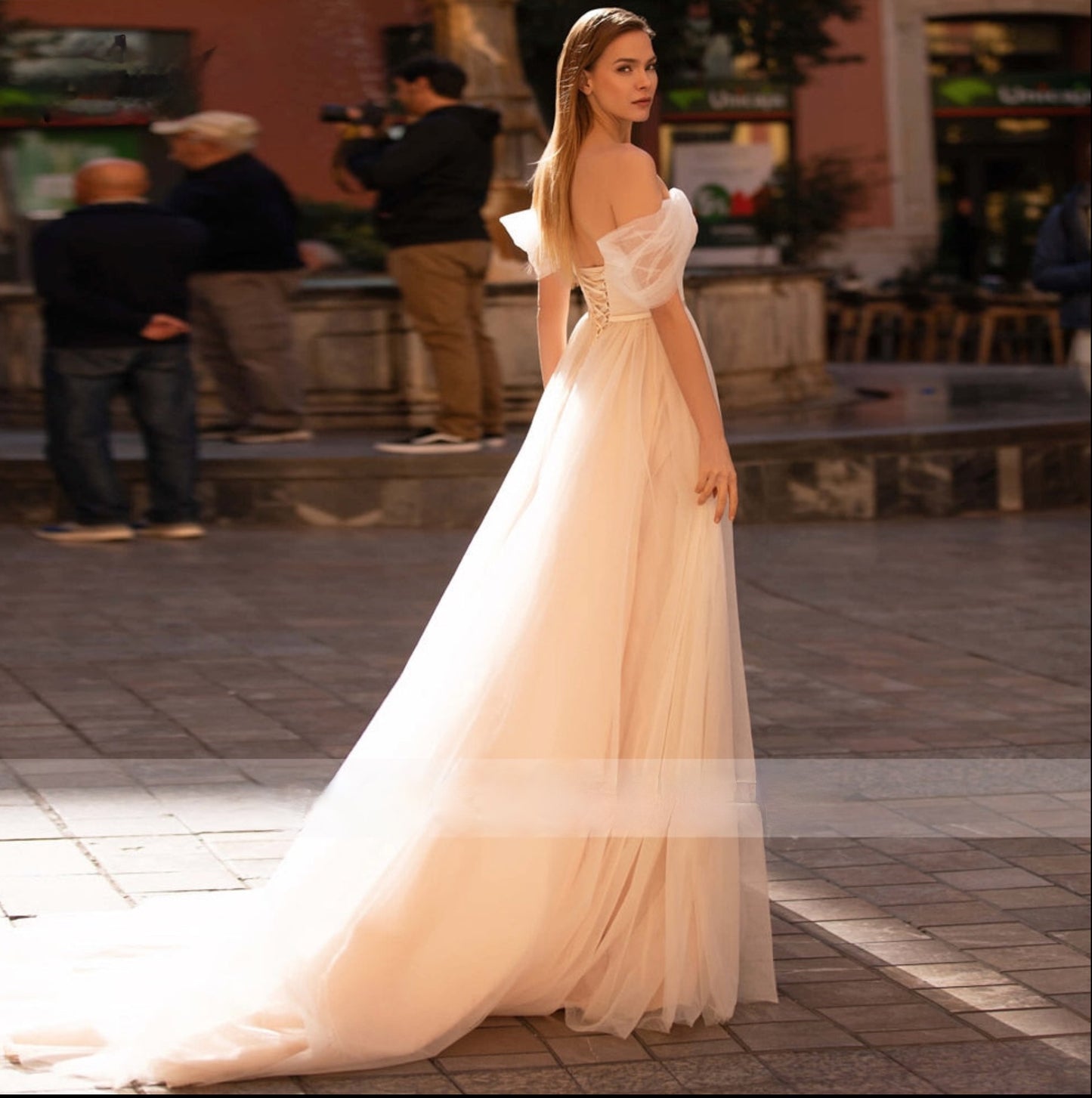 Off Shoulder Tulle Organza A-Line Sweep Train Wedding Bridal Gown