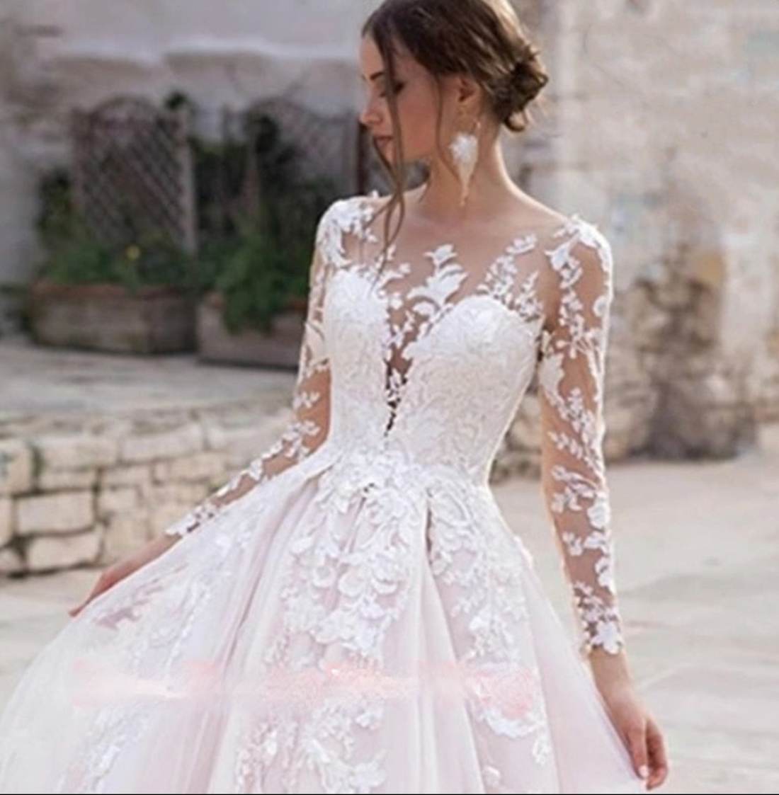 Luxury Pink Long Lace Sleeve Royal Train Bride Wedding Gown Vestido De ...