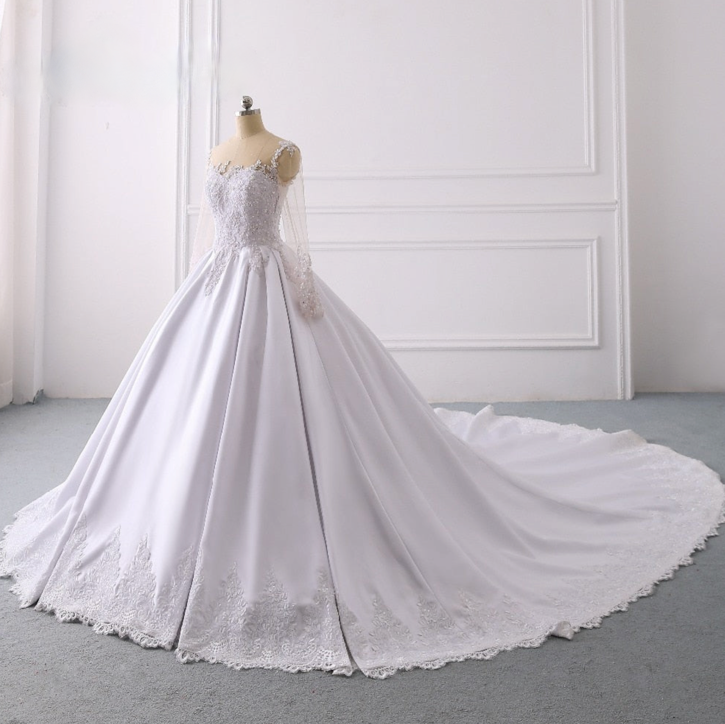 White Satin A Line Lace Illusion Sleeve Royal Train Wedding Bridal Ball Gown