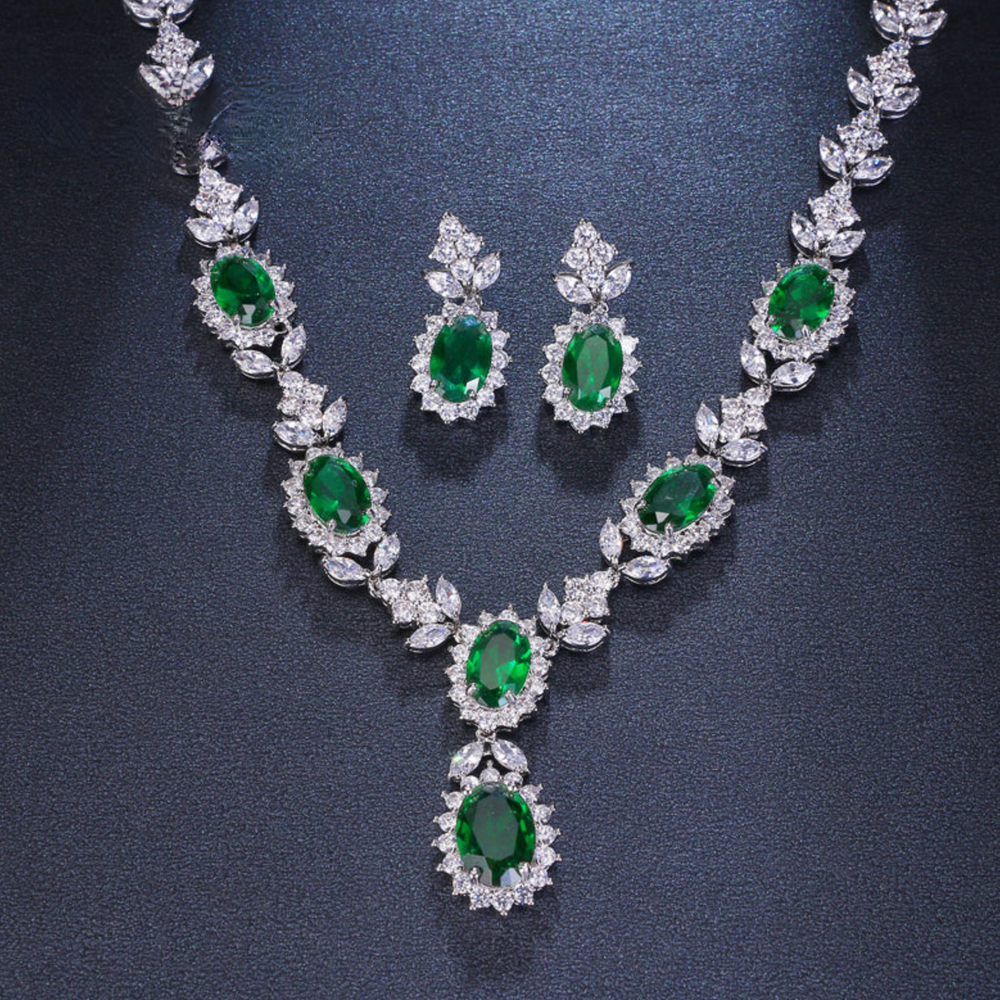 Fashion Luxury Oval Emerald Green Crystal Necklace Earring Jewelry Set