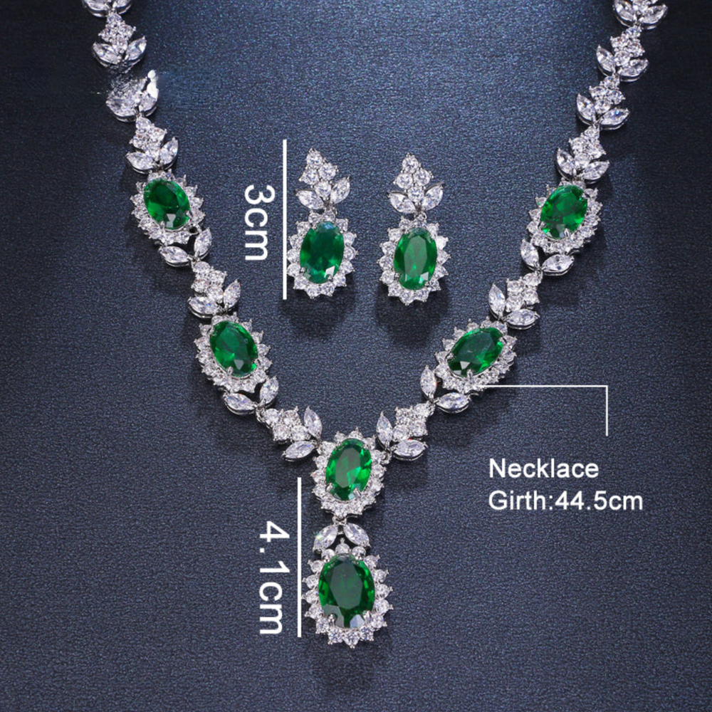 Fashion Luxury Oval Emerald Green Crystal Necklace Earring Jewelry Set