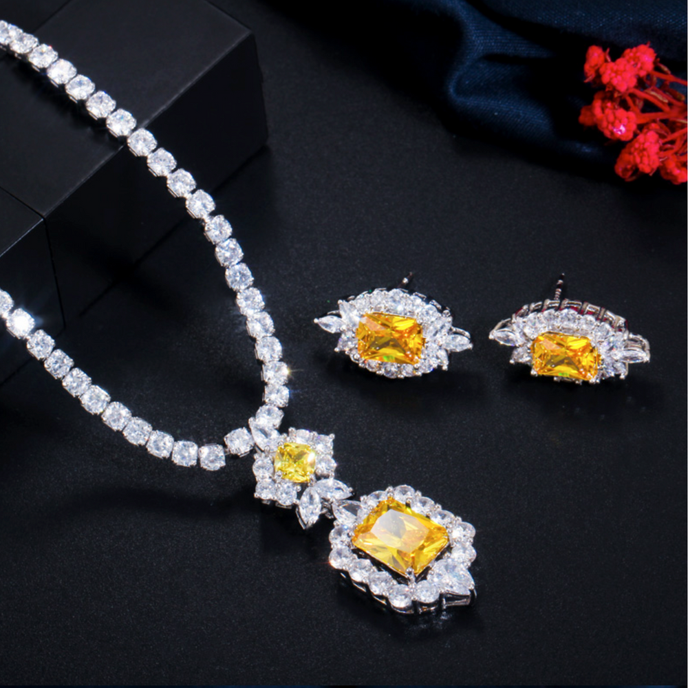 
                      
                        Shiny Yellow White Cubic Zirconia Stone Round Tennis Necklace and Earring Set Party Jewelry Accessory
                      
                    