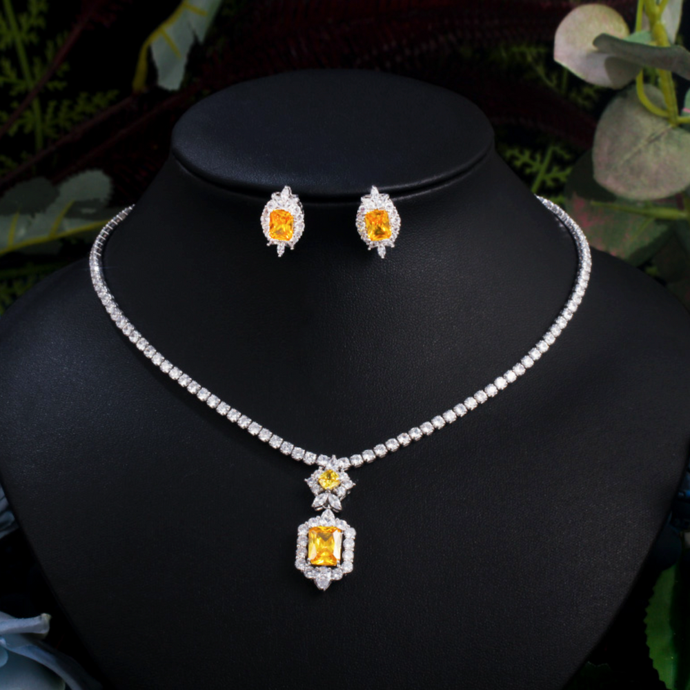 
                      
                        Shiny Yellow White Cubic Zirconia Stone Round Tennis Necklace and Earring Set Party Jewelry Accessory
                      
                    