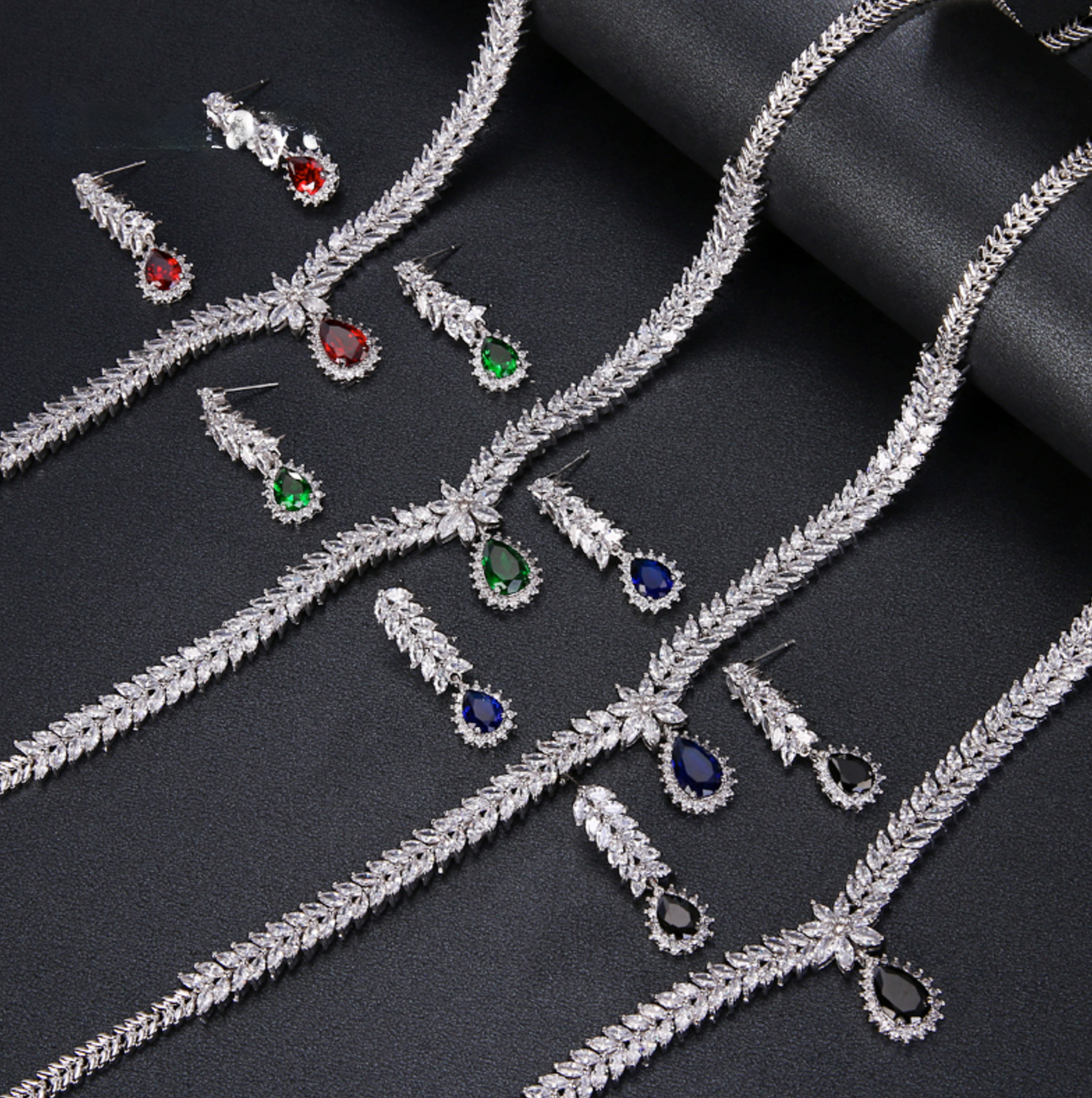 Luxury AAA Cubic Zircon 4 Colors Water Drop Wedding Earring Necklace Jewelry Sets