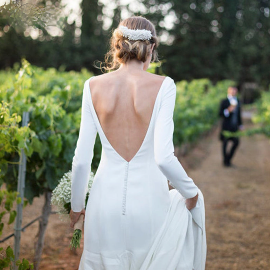 Elegant Simple Long Sleeve Boat Neck Backless Crepe Chiffon Sheath Bridal Wedding Gown