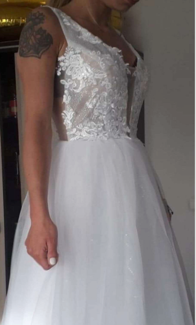 Boho Bespoke Sheer Lace Tulle A Line Bridal Sweep Train Wedding Dress