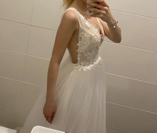 Boho Bespoke Sheer Lace Tulle A Line Bridal Sweep Train Wedding Dress