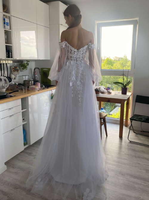
                      
                        Off Shoulder Puff Sleeve Floral Lace Corset A Line Boho Wedding Bridal Dress
                      
                    