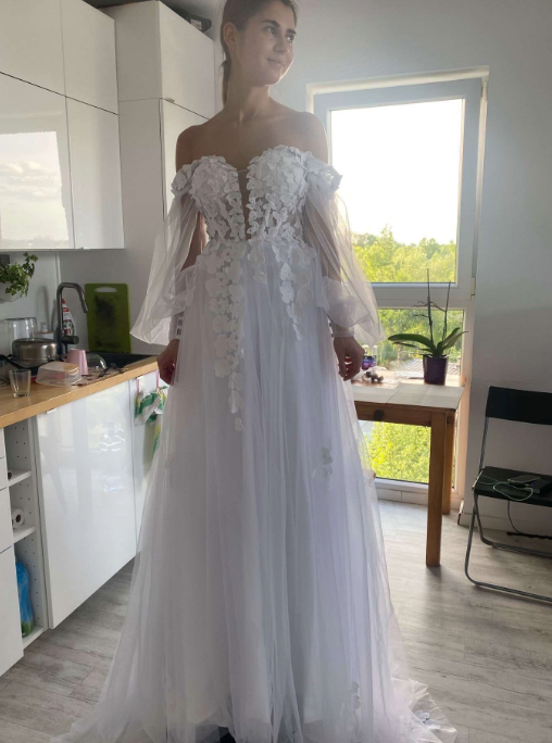
                      
                        Off Shoulder Puff Sleeve Floral Lace Corset A Line Boho Wedding Bridal Dress
                      
                    