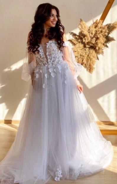 
                      
                        Off Shoulder Puff Sleeve Floral Lace Corset A Line Boho Wedding Bridal Dress
                      
                    