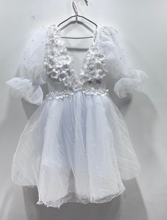 
                      
                        Plunging V-Neck Half Sleeves Pearls Flowers Mini Sexy Backless Bridal Dress
                      
                    