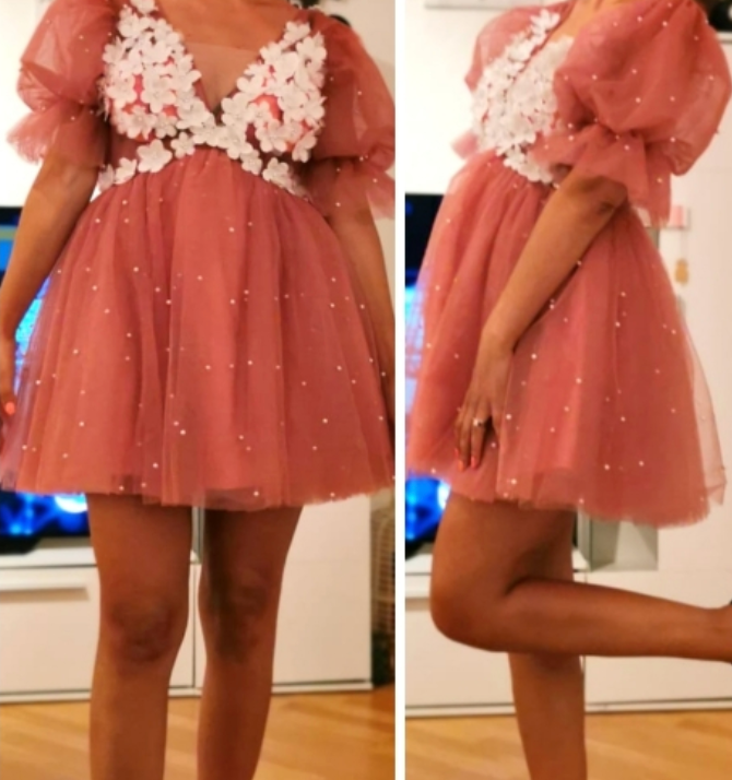 
                      
                        Plunging V-Neck Half Sleeves Pearls Flowers Mini Sexy Backless Bridal Dress
                      
                    