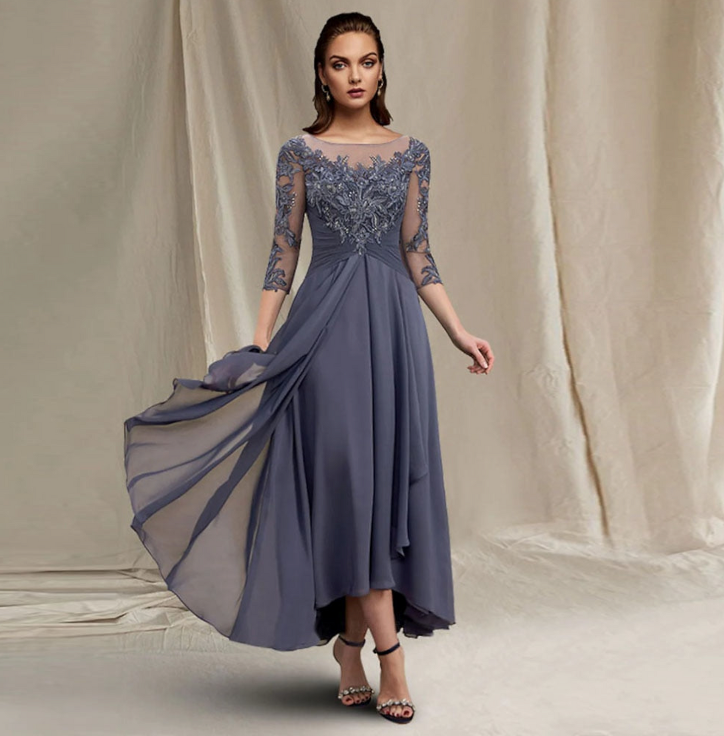 Chiffon Mother of the Bride Dress Lace A-Line Wedding Tea-Length Gown ...