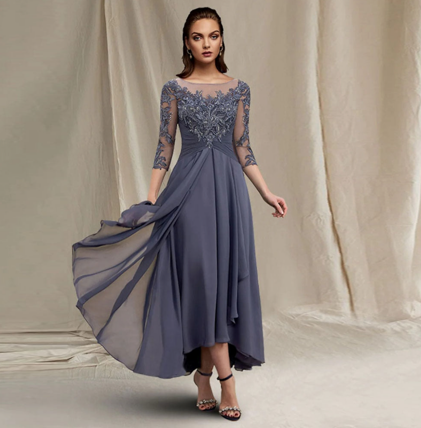 Chiffon Mother of the Bride Dress  Lace A-Line Wedding Tea-Length Gown