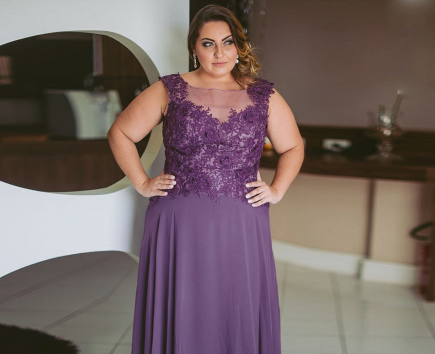 Purple Mother of the Bride Dress Chiffon Lace Plus Size Long Wedding Guest Gown