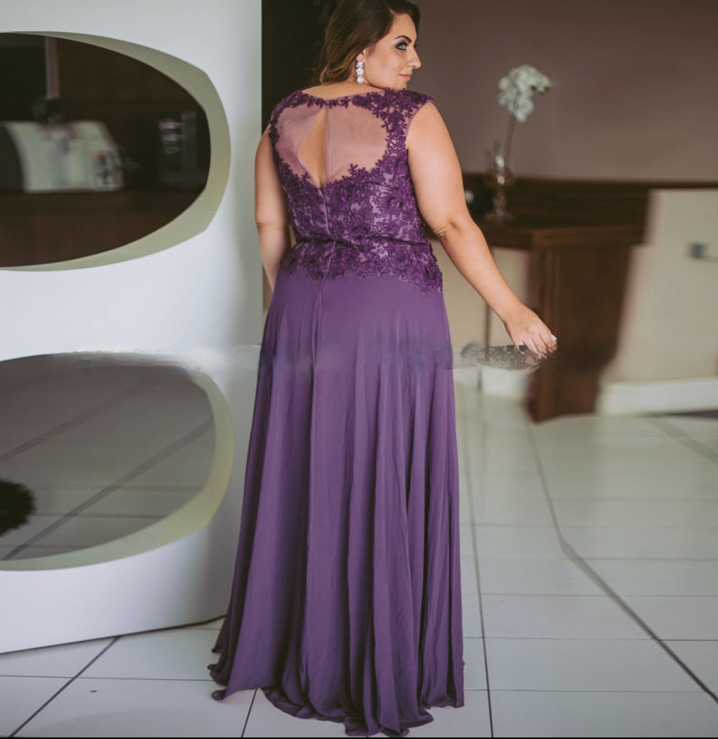 Purple Mother of the Bride Dress Chiffon Lace Plus Size Long Wedding Guest Gown