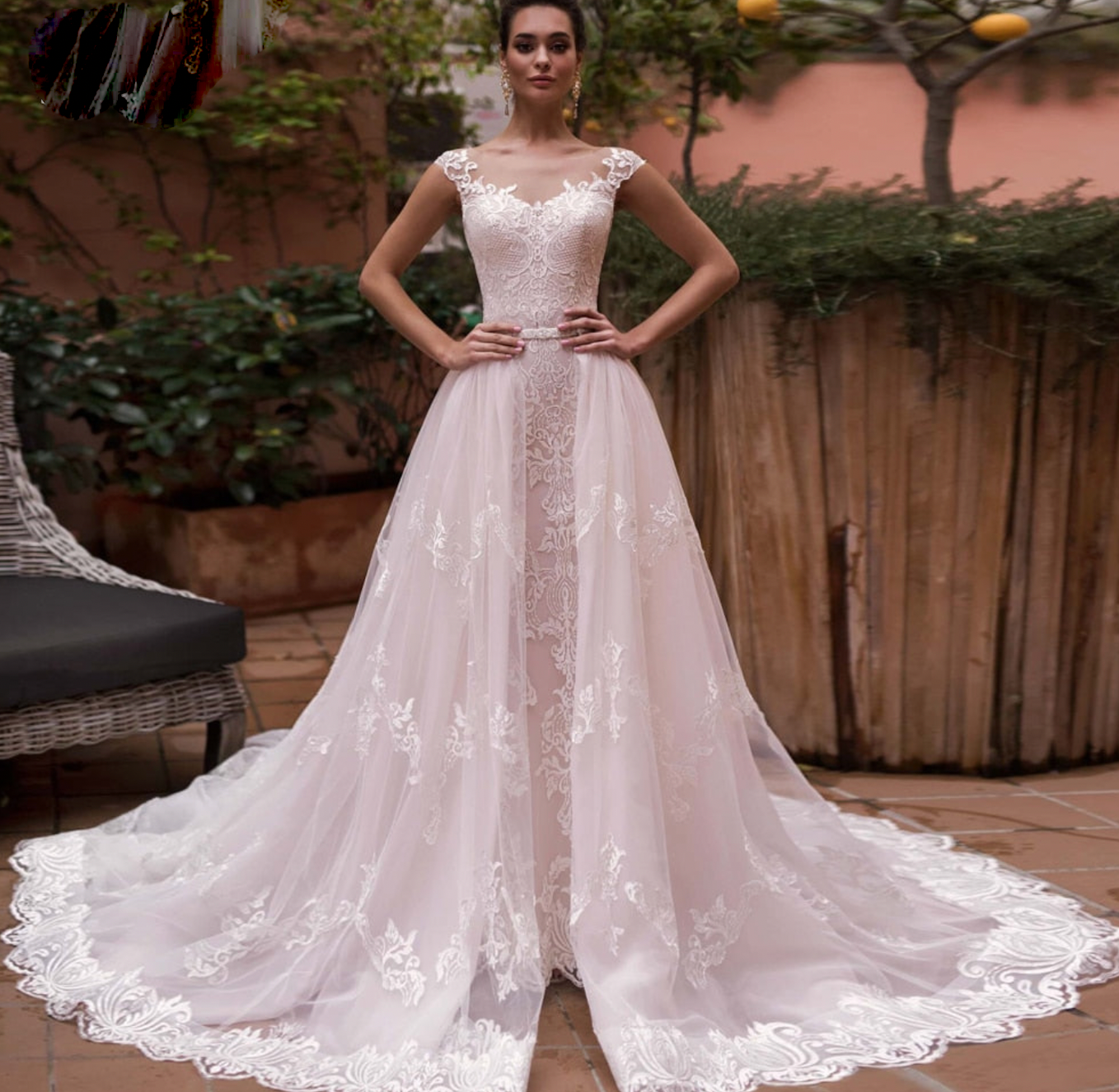 Illusion Cap Sleeve Lace Trumpet Wedding Dress Detachable Train Bridal Gown