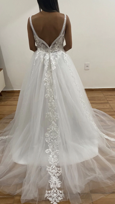 
                      
                        A Line Boho Blush Pink Wedding Dress Lace Tulle V Neck Sleeveless Open Back Gown
                      
                    
