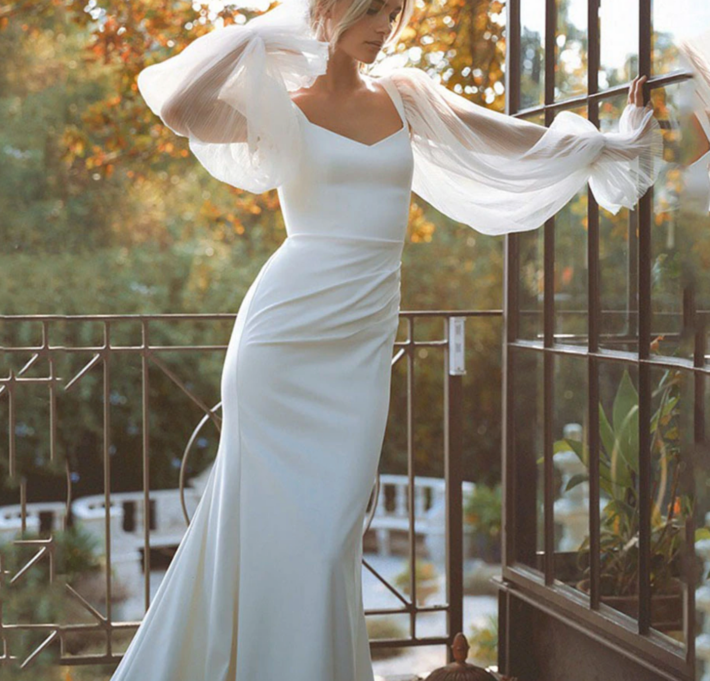 Plus Size A-lineBeach Wedding Dresses V-neck Puff Sleeve Sweep Train Bride  Gowns