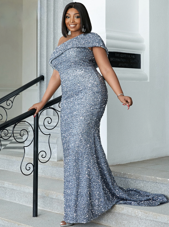 Load image into Gallery viewer, One Shoulder Mermaid Hem Sequin Dress Plus Size  Maxi Bodycon Gown
