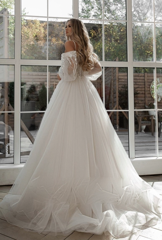 Puff Sleeve Sweetheart Lace 3D Flowers Tulle A Line Boho Bridal Gown