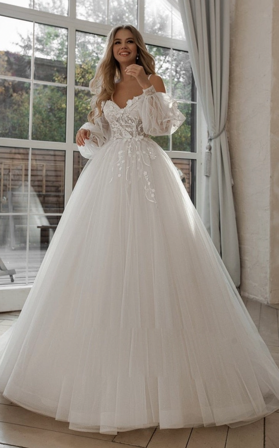 Puff Sleeve Sweetheart Lace 3D Flowers Tulle A Line Boho Bridal Gown