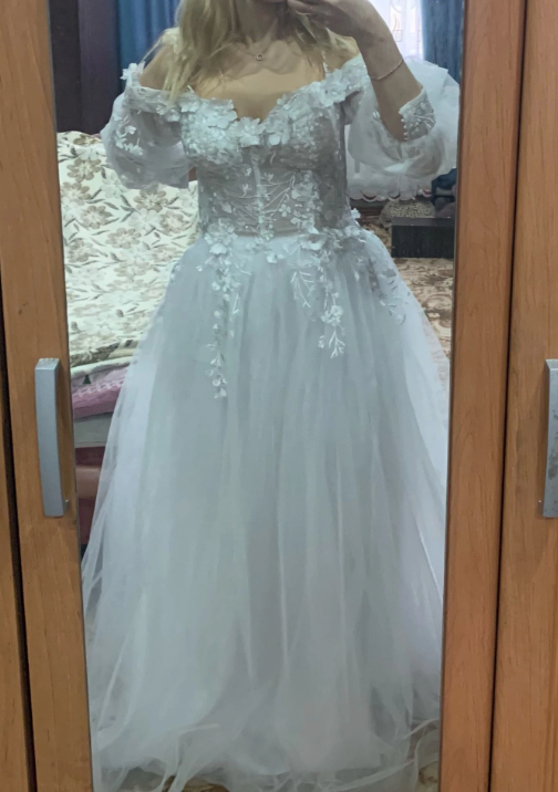 Puff Sleeve Sweetheart Lace 3D Flowers Tulle A Line Boho Bridal Gown