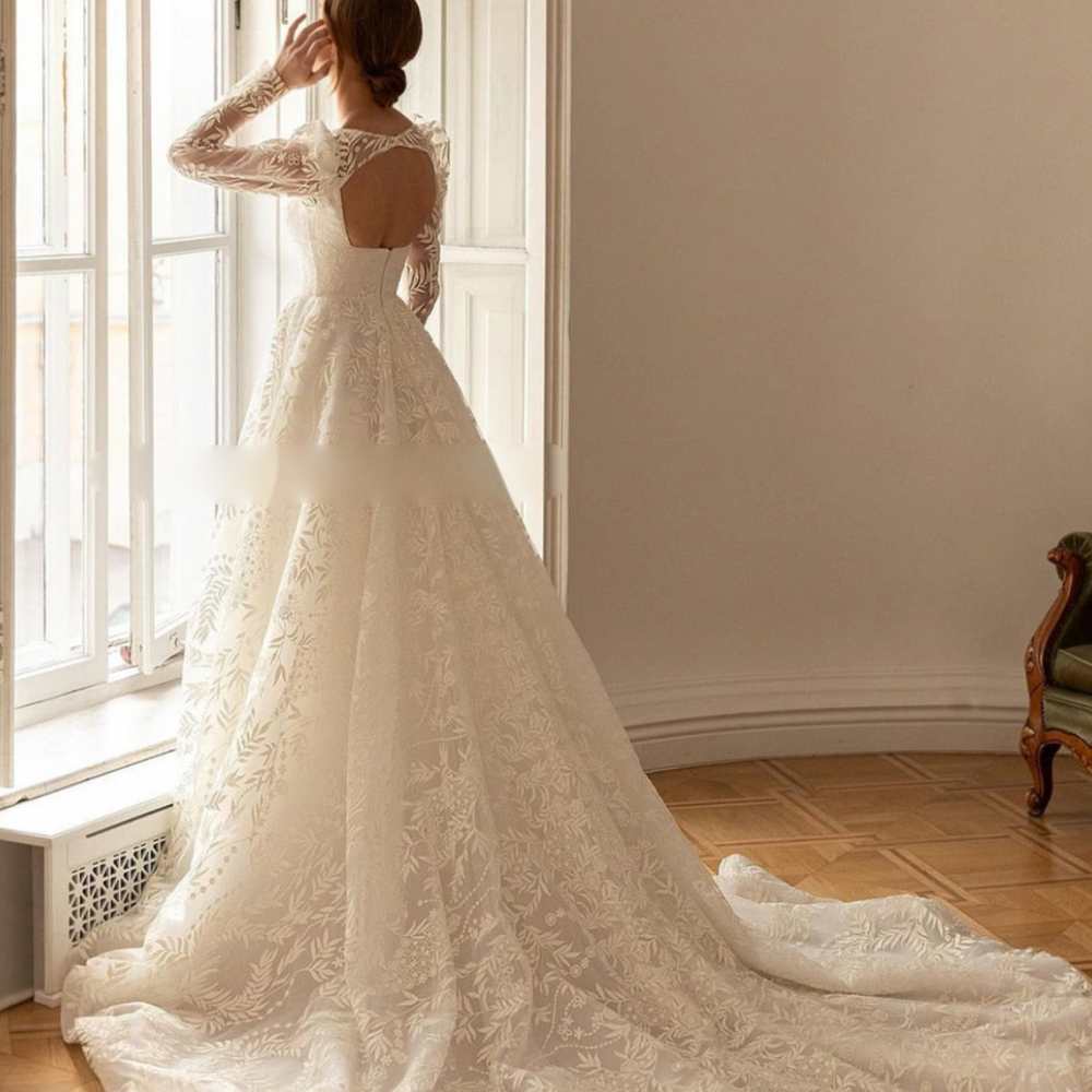 
                      
                        Lace A Line Princess Wedding Dress Long Sleeves  Square Collar Bridal Gown
                      
                    