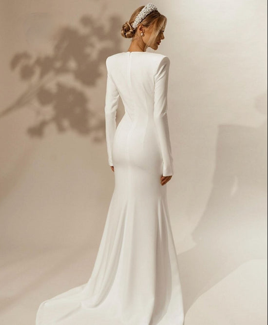 Load image into Gallery viewer, Deep V Neck Long Sleeves Satin Trumpet Wedding Dress High Slit Bridal Gown
